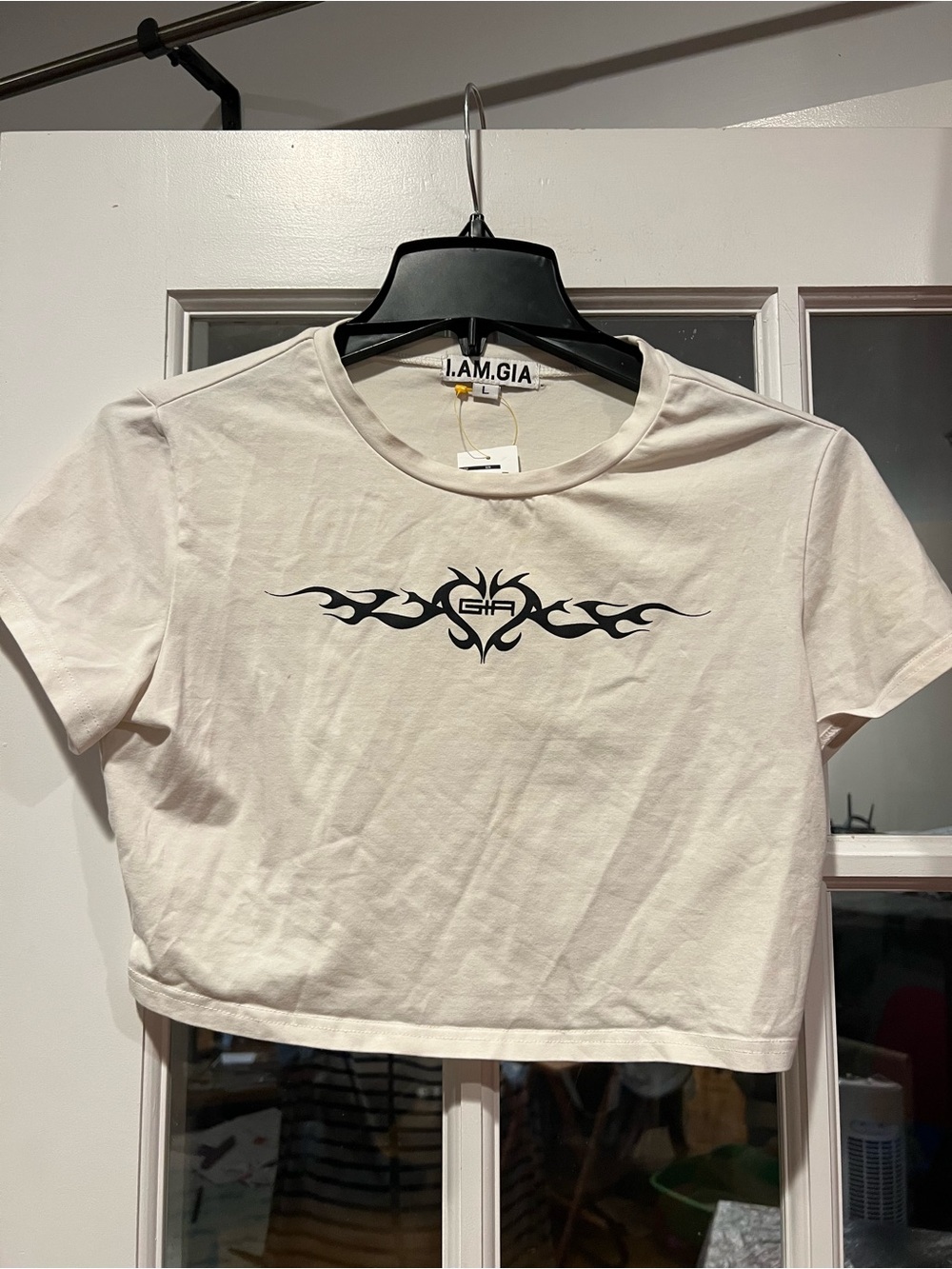 I.AM.GIA Cream Crop Tee with Black Tribal Heart Graphic